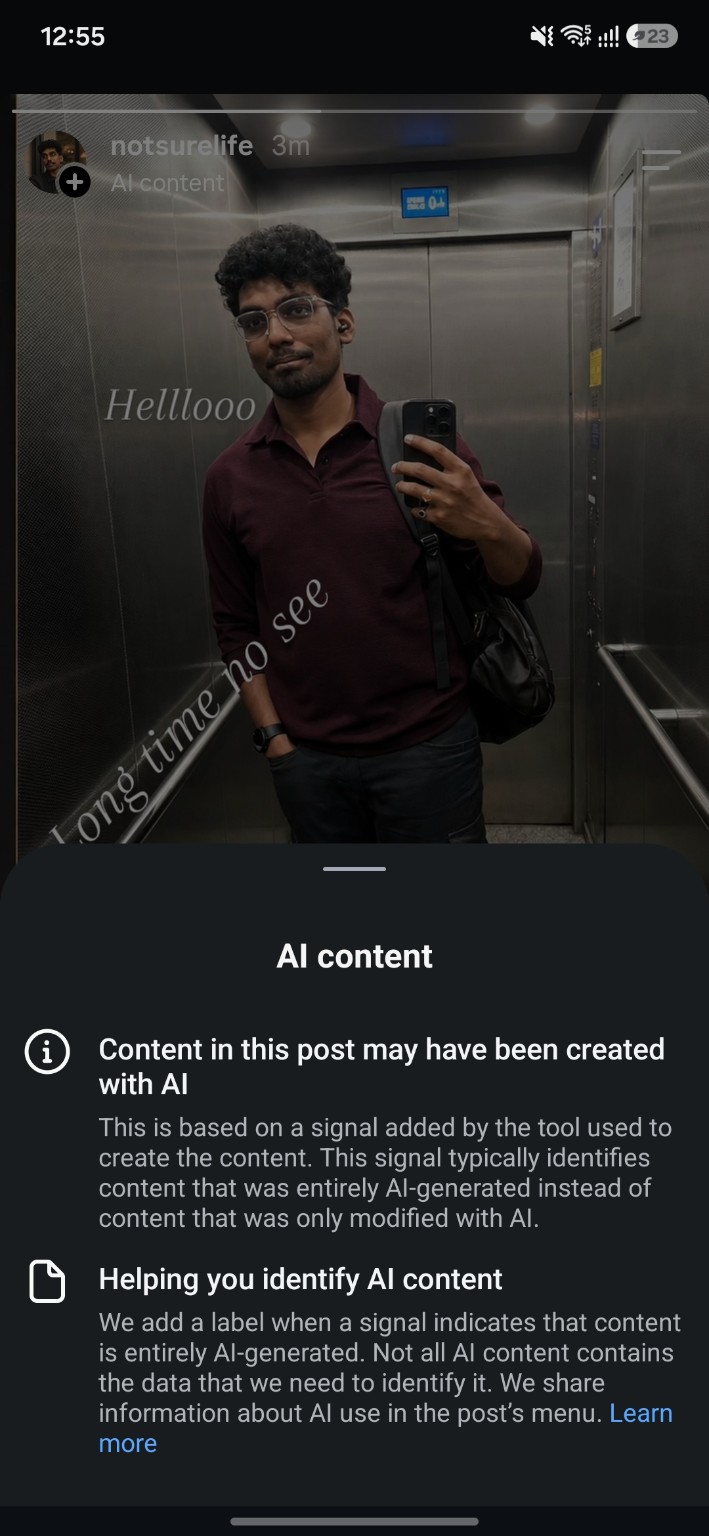 Instagram showing an AI-content label and explanation